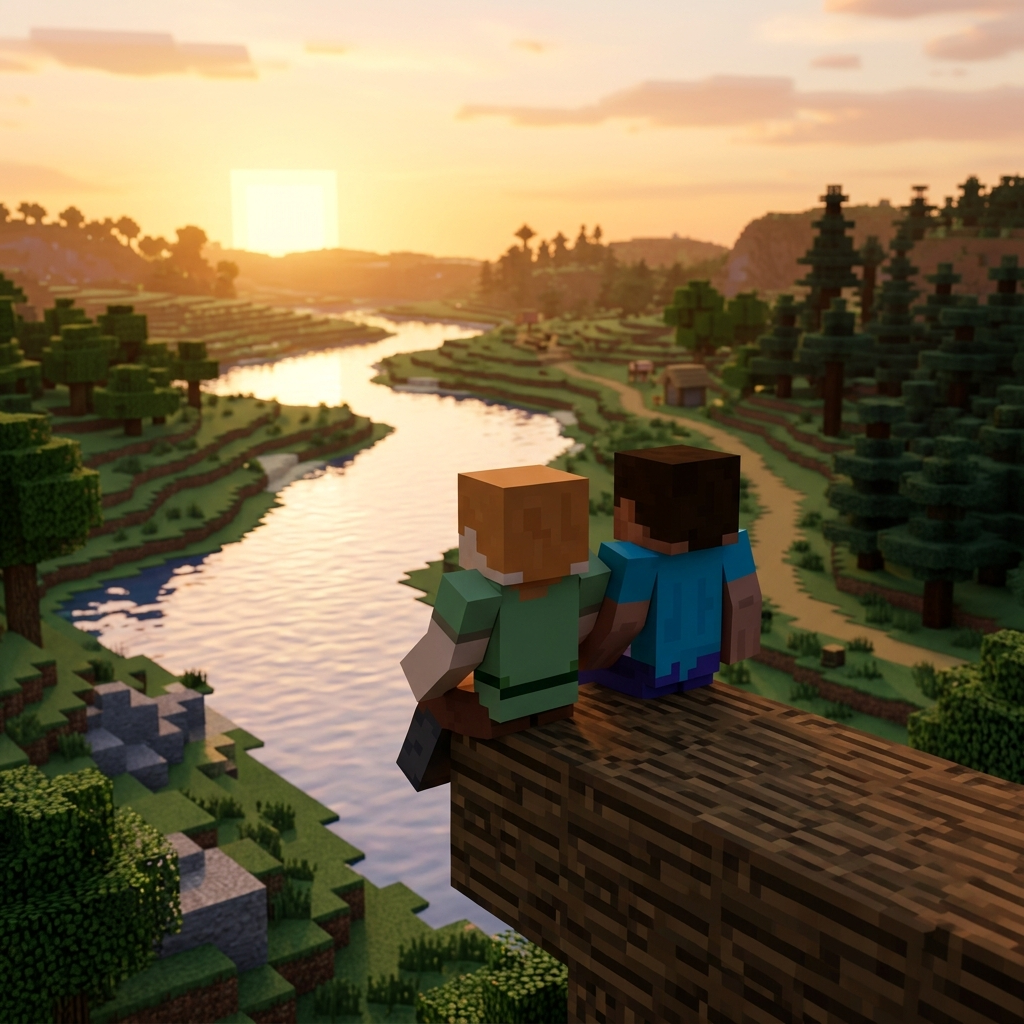 Two Minecraft characters sitting together looking out over a sunset landscape