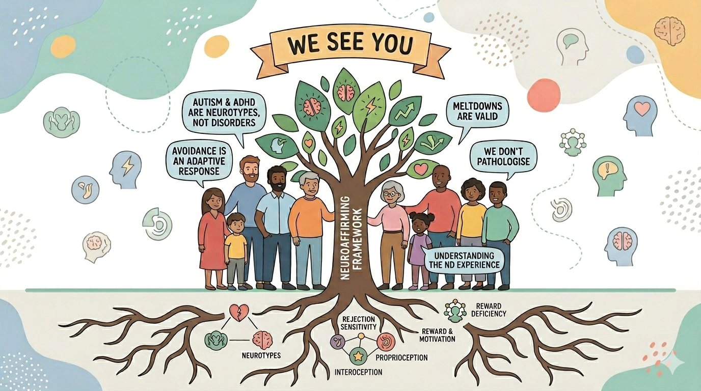 Neurodivergent tree illustration representing neuroaffirming approach at Good Game Counselling